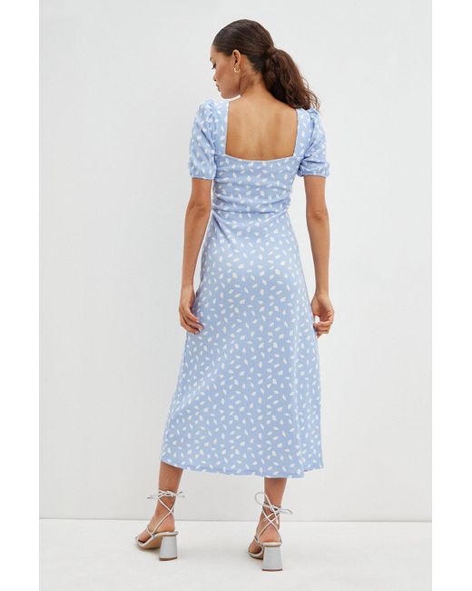 Dorothy Perkins Blue Petite Print Sweetheart Puff Sleeve Dress