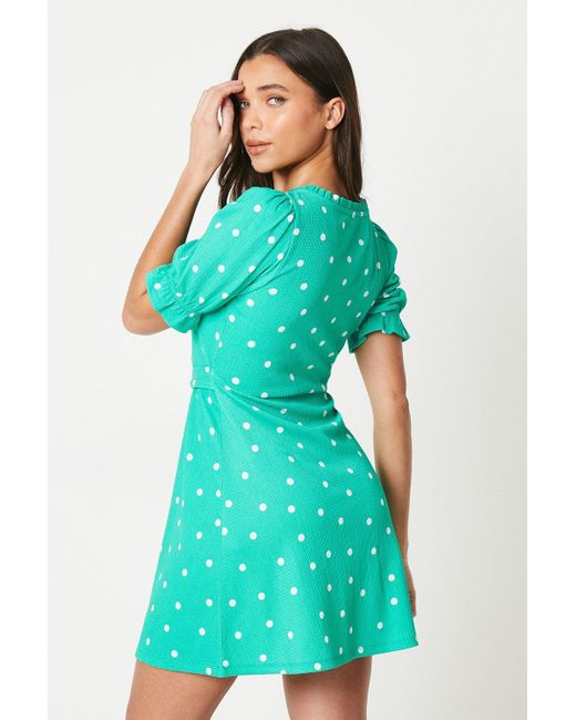 Dorothy Perkins Green Petite Spot Tie Front Sweetheart Mini Dress