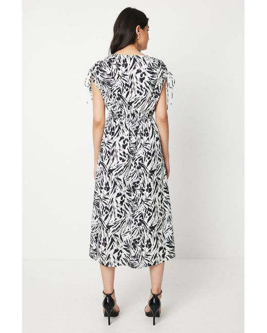 Dorothy Perkins White Abstract Ruched Sleeve V Neck Midi Dress