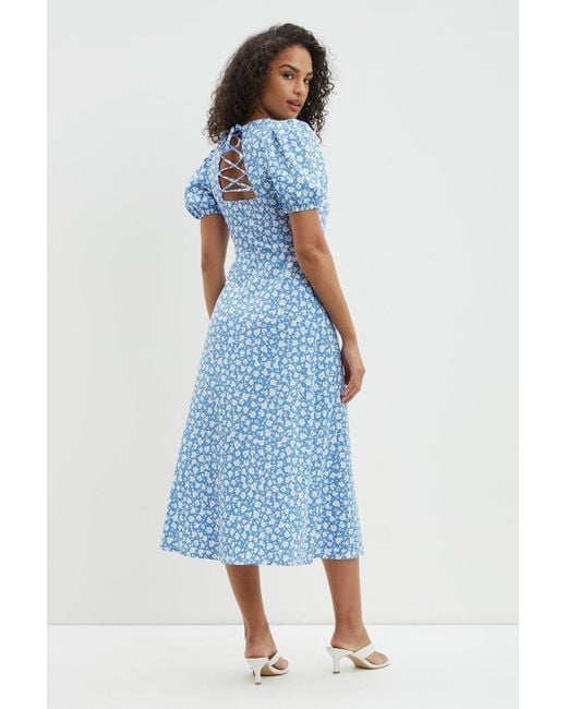 Dorothy Perkins Blue Floral Textured Tie Back Midi Dress