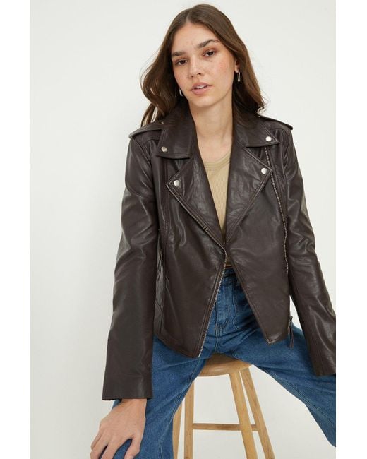 Dorothy Perkins Black Boxy Cropped Real Leather Jacket