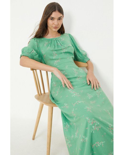 Dorothy Perkins Green Floral Print Shirred Cuff Midi Dress