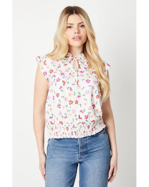 Dorothy Perkins White Floral Short Sleeve Tie Front Ruffle Sleeve Top