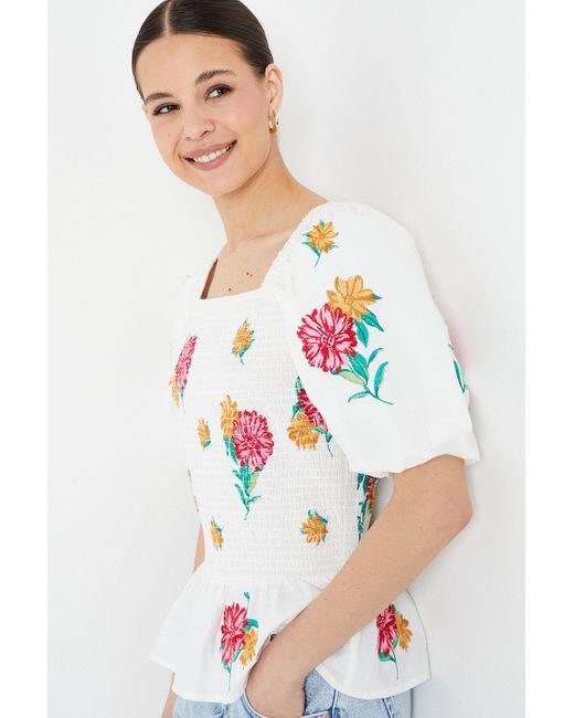 Dorothy Perkins White Floral Embroidered Shirred Bodice Blouse