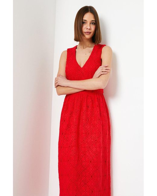 Dorothy Perkins Red Sleeveless V Neck Lace Midi Dress