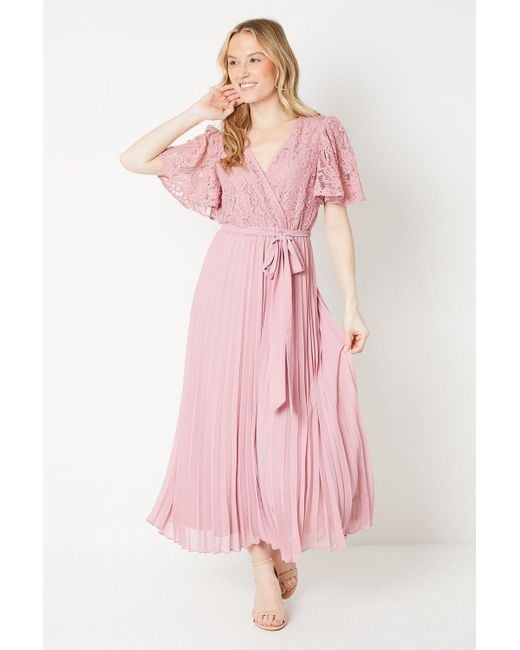 Dorothy Perkins Pink Lace Pleated Wrap Midi Dress