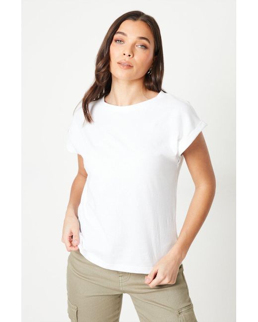Dorothy Perkins White Petite Cotton Roll Sleeve T-shirt