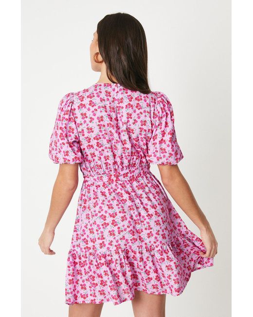 Dorothy Perkins Pink Petite Ditsy Belted Frill Hem Mini Dress