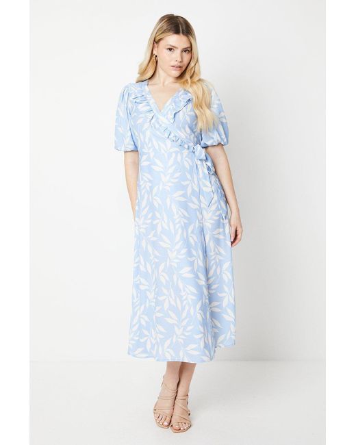 Dorothy Perkins Blue Leaf Ruffle Tie Side Wrap Midi Dress