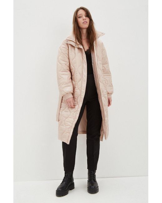 Dorothy Perkins Longline Glossy Quilted Padded Coat in Natural | Lyst UK