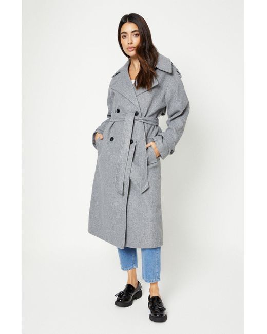 Dorothy Perkins Gray Belted Wool Look Trench Coat