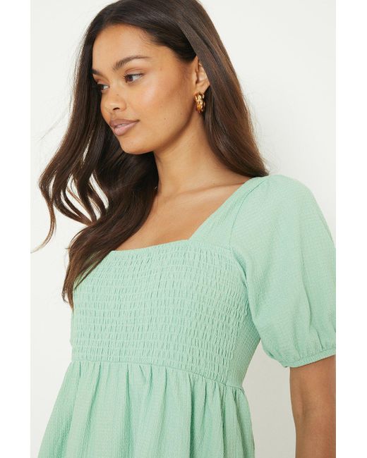 Dorothy Perkins Green Petite Shirred Short Sleeve Blouse