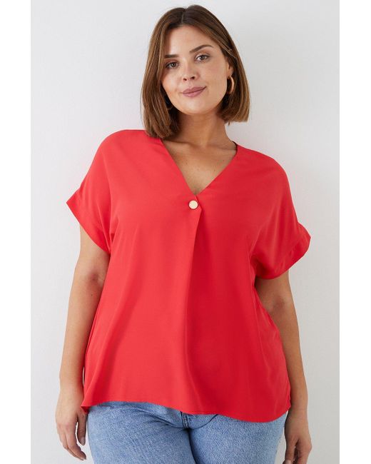 Dorothy Perkins Red Curve Button Front Roll Sleeve Blouse