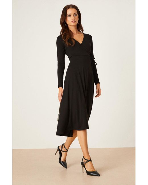 Dorothy Perkins Petite Black Long Sleeve Wrap Midi Dress