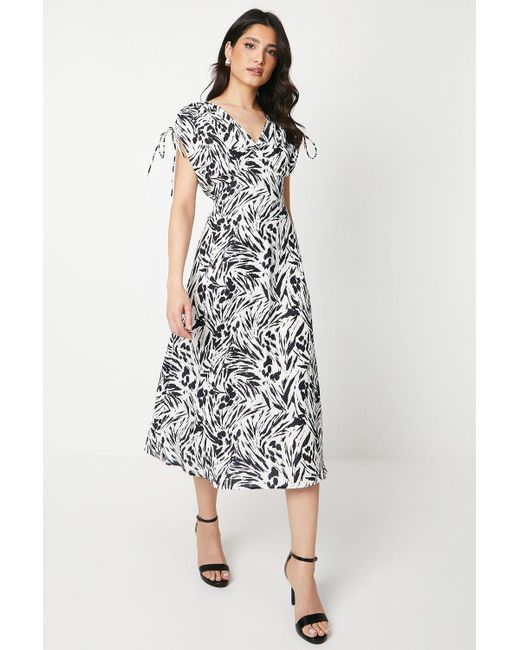 Dorothy Perkins White Abstract Ruched Sleeve V Neck Midi Dress