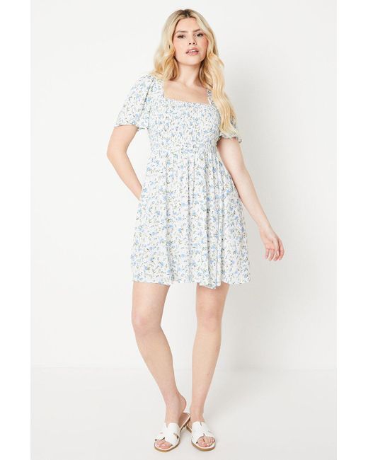Dorothy Perkins White Blue Ditsy Shirred Bodice Flutter Sleeve Mini Dress