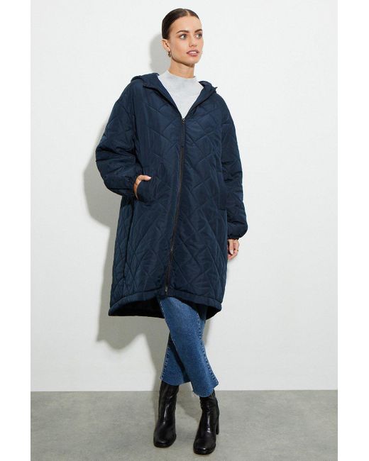 Dorothy Perkins Blue Petite Oversized Hooded Diamond Quilted Parka Coat