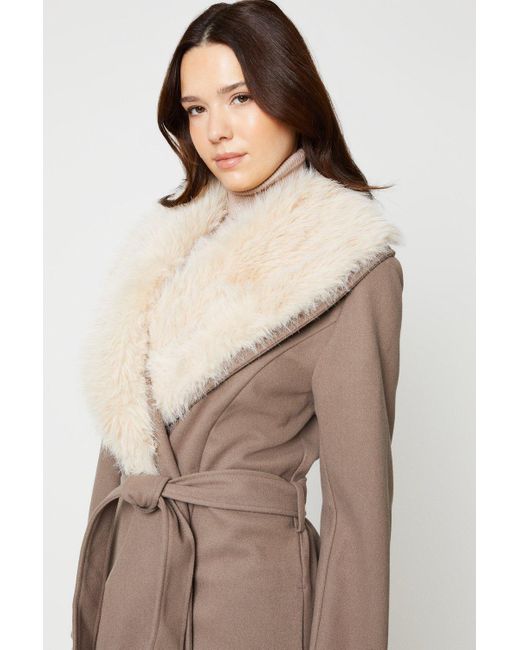 Dorothy Perkins Natural Faux Fur Trim Longline Wrap Coat