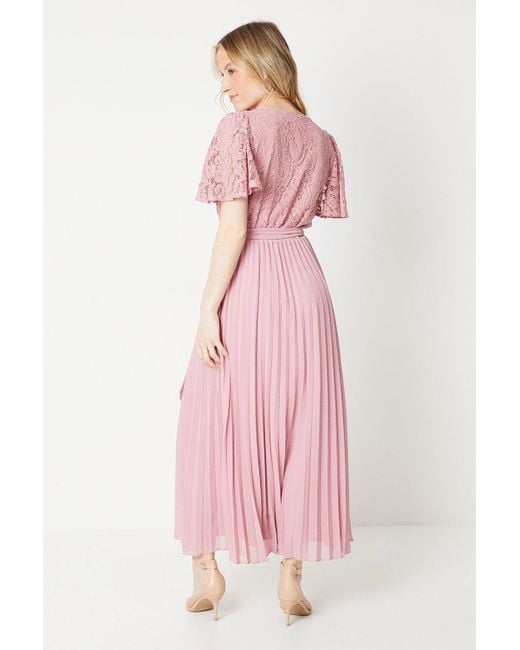 Dorothy Perkins Pink Lace Pleated Wrap Midi Dress