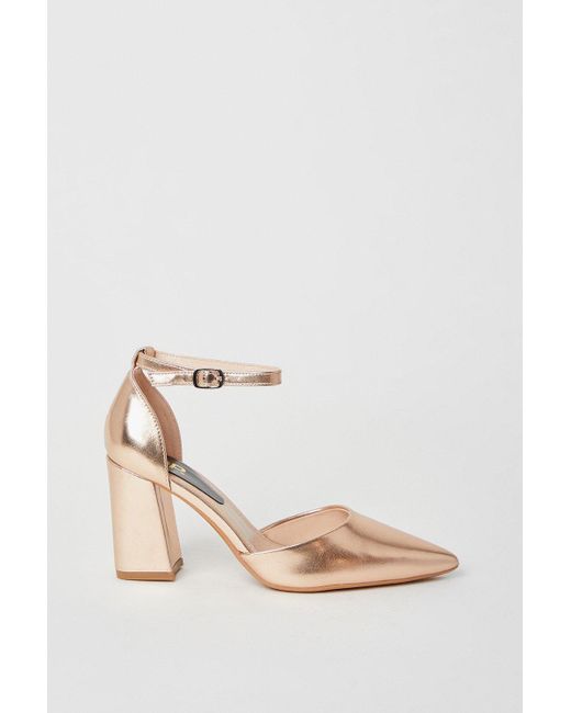 Dorothy Perkins Metallic Blanche Ankle Strap Pointed High Block Heel Court Shoes