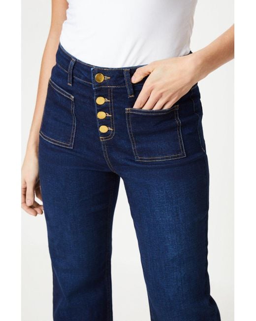 Dorothy Perkins Blue Petite High Rise Button Detail Patch Pocket Flare Jeans