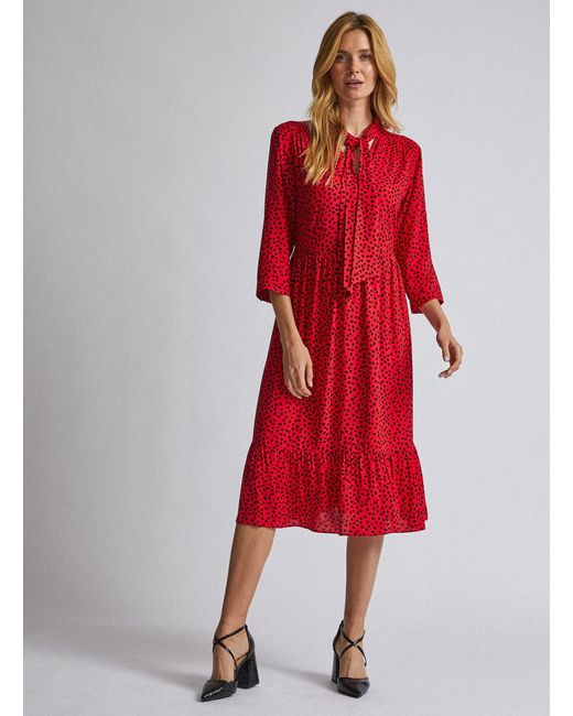 Dorothy Perkins Synthetic Red Pussy Bow Smock Midi Dress Red Lyst