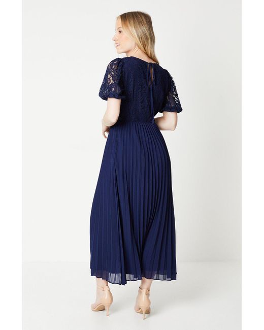 Dorothy Perkins Blue Lace Pleated Chiffon Midi Dress