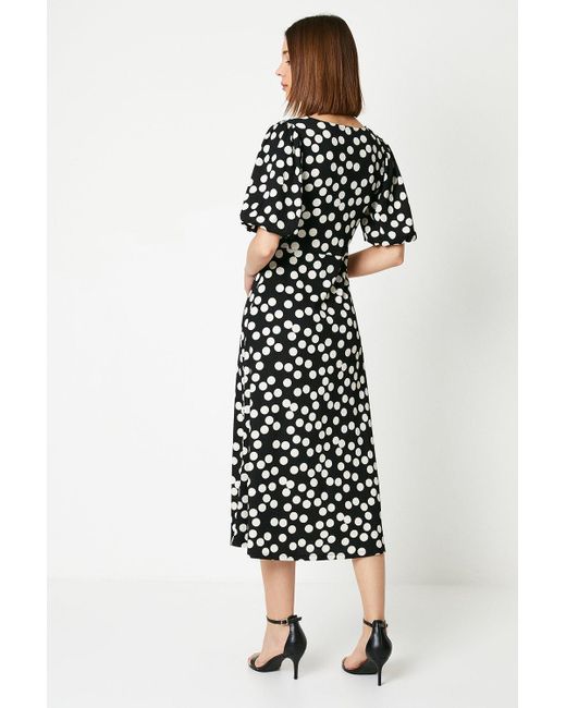 Dorothy Perkins Black Spot Ruched Front Puff Sleeve Midi Dress