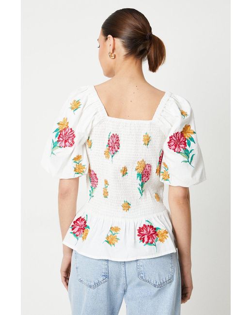 Dorothy Perkins White Floral Embroidered Shirred Bodice Blouse