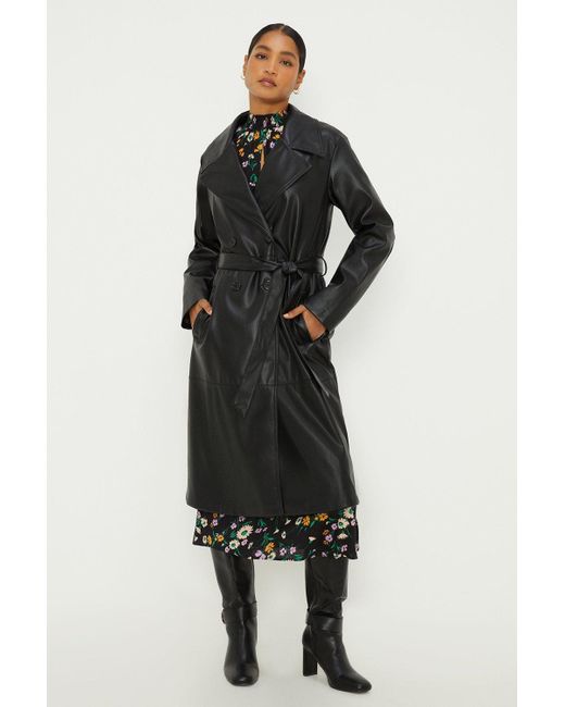 Dorothy Perkins Black Faux Leather Longline Trench Coat