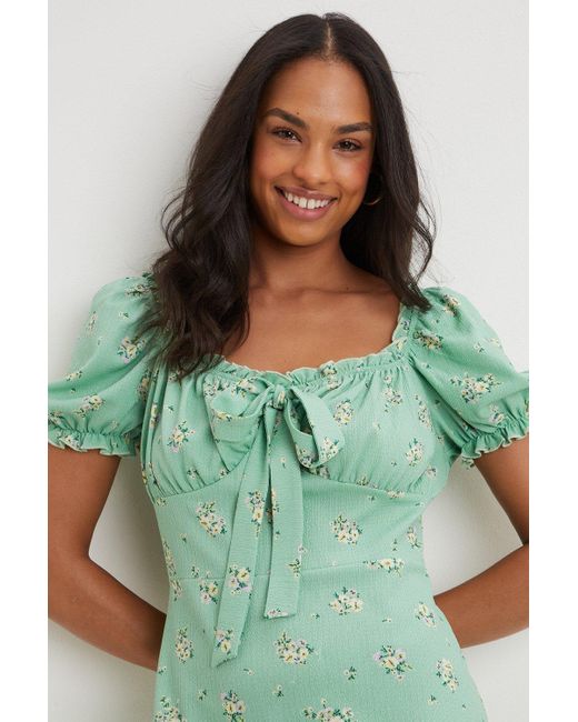 Dorothy Perkins Green Floral Textured Bow Front Midi Dress