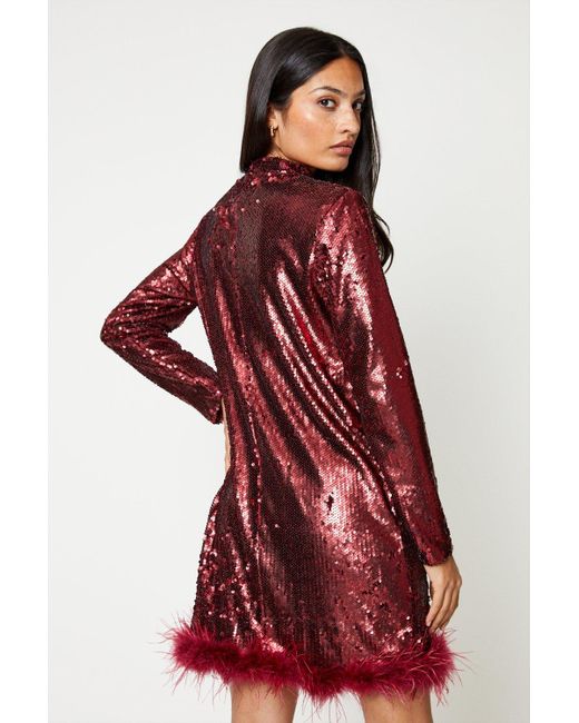 Dorothy Perkins Red Sequin Feather Trim Mini Dress