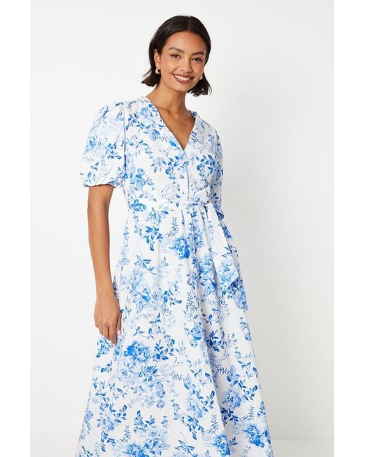 Dorothy Perkins Blue Puff Sleeve Button Down Midi Dress