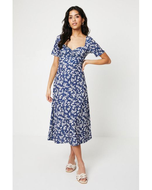 Dorothy Perkins Blue Petite Ditsy Ruched Front Midi Dress