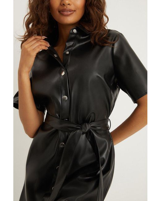 Dorothy Perkins Black Petite Short Sleeve Shirt Faux Leather Dress