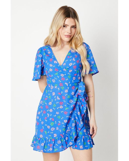 Dorothy Perkins Blue Floral Wrap Tie Side Ruffle Hem Mini Dress