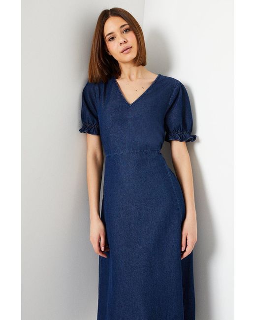 Dorothy Perkins Blue Denim V Neck Puff Sleeve Midi Dress