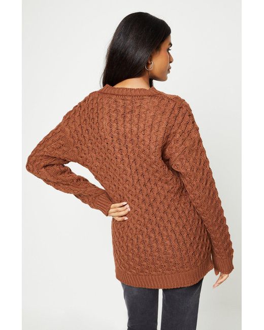 Dorothy Perkins Brown Petite Cable Detail Crew Neck Jumper