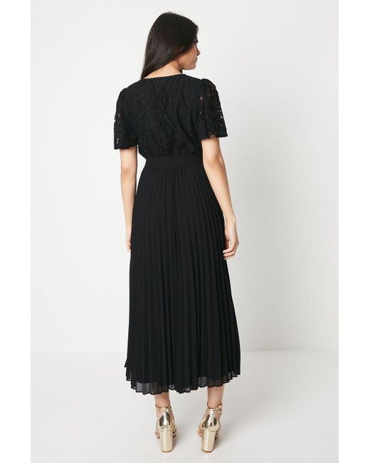 Dorothy Perkins Black Lace Pleated Wrap Midi Dress