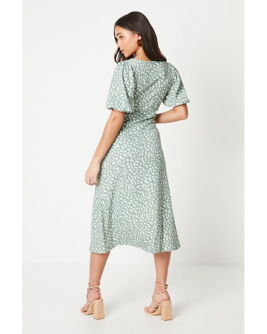 Dorothy Perkins Green Petite Animal Ruched Front Puff Sleeve Midi Dress