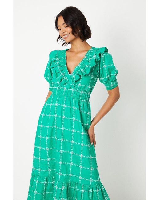 Dorothy Perkins Green Embroidered Frill Puff Sleeve Midi Dress
