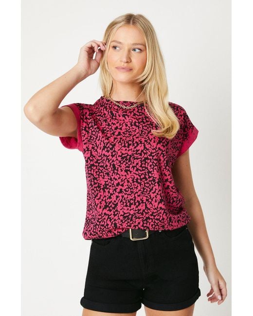 Dorothy Perkins Red Printed Cotton Roll Sleeve T-shirt