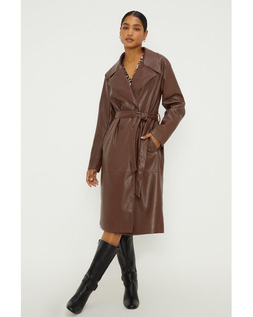 Dorothy Perkins Brown Faux Leather Longline Trench Coat
