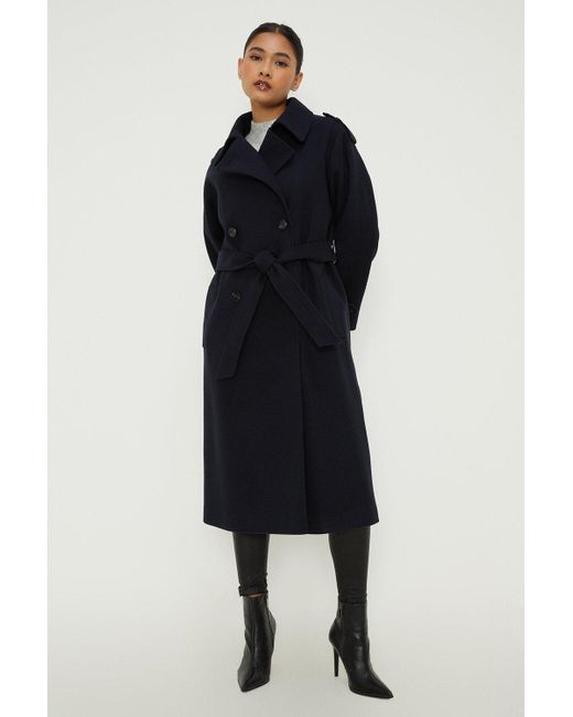 Dorothy Perkins Blue Petite Belted Wool Trench Coat