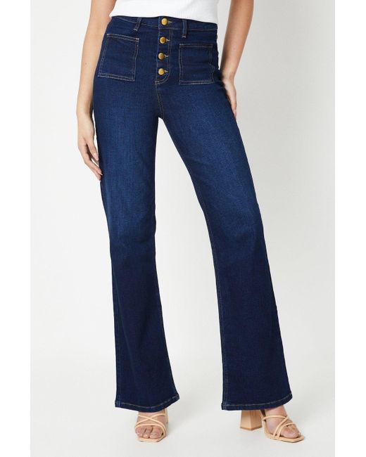 Dorothy Perkins Blue Tall High Rise Button Detail Patch Pocket Flare Jeans