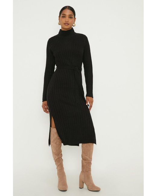 Dorothy Perkins Black Belted Ribbed Knitted Dress