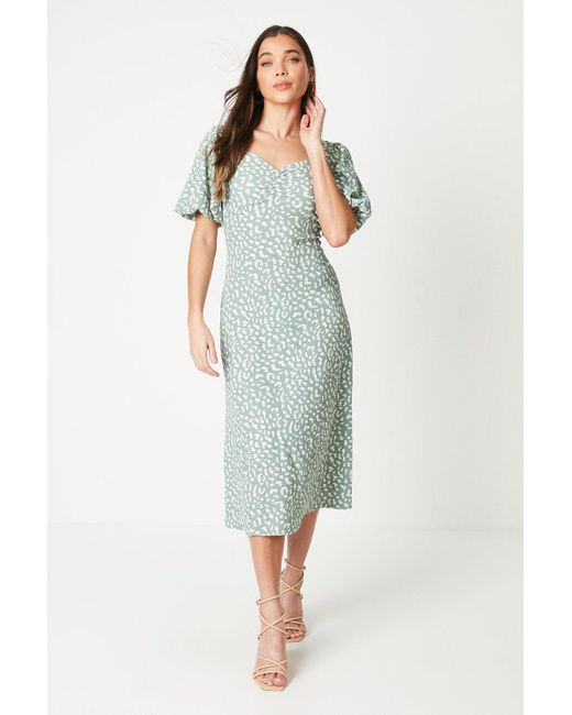 Dorothy Perkins Green Petite Animal Ruched Front Puff Sleeve Midi Dress