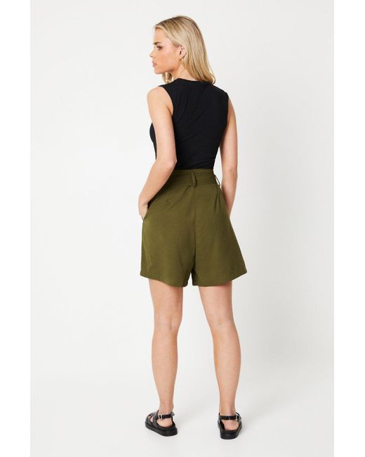Dorothy Perkins Green Petite Belted Paperbag Waist Shorts
