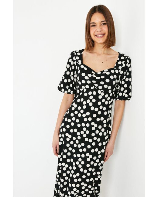 Dorothy Perkins Black Spot Ruched Front Puff Sleeve Midi Dress
