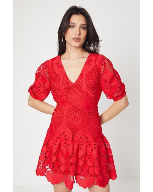 Dorothy Perkins Red Lace V Neck Mini Dress